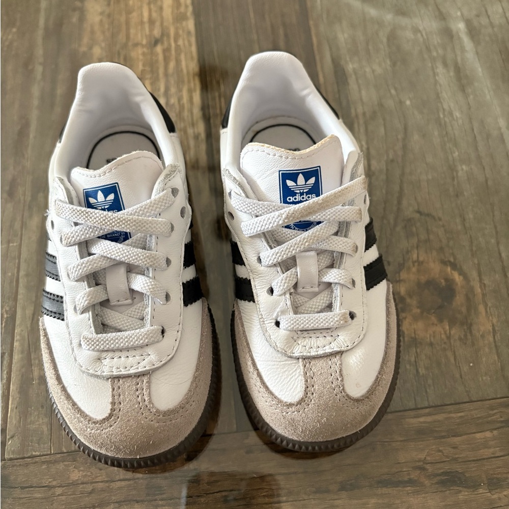 Adidas Kids White, Black, and Tan Sneakers